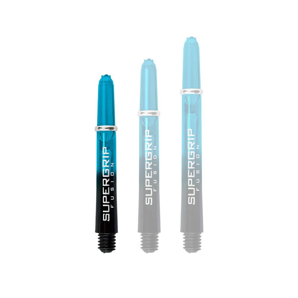 Das Bild zeigt drei Harrows Supergrip Fusion Shafts in der Farbe Aqua. Die Shafts haben einen blauen oberen Teil und einen schwarzen unteren Teil mit weißer Aufschrift.