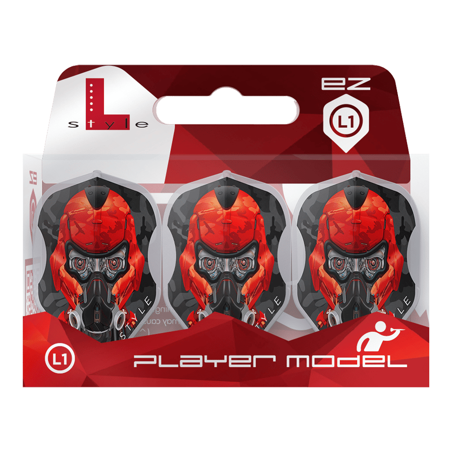 L-Style Berry Van Peer V4 Type C Clear White L1EZ Flights Die Verpackung zeigt drei Dart Flights mit einem auffälligen roten Helm-Design. Das Produkt heißt "L-Style Berry Van Peer V4 Type C Clear White L1EZ Flights".