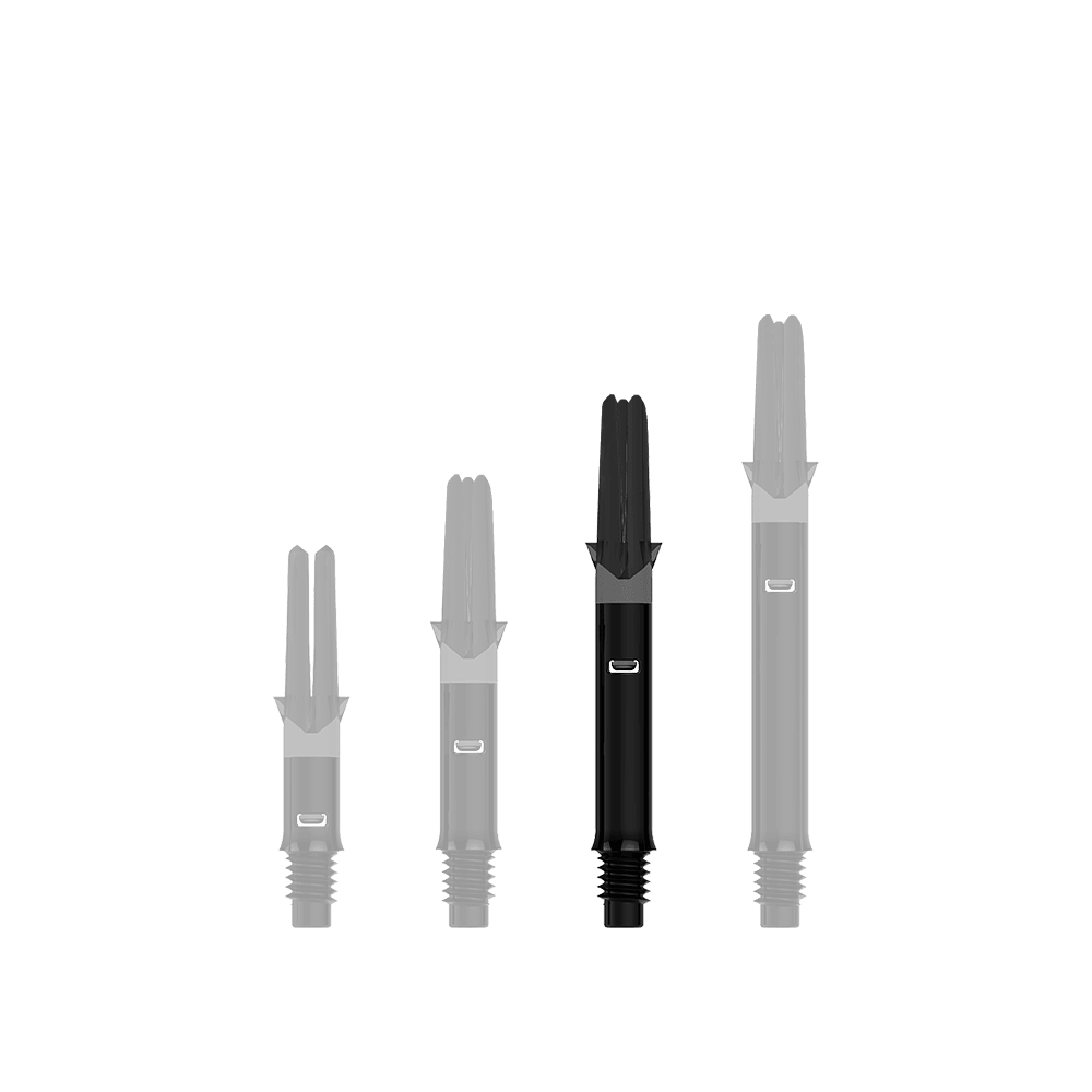 L-Style L-Shafts Silent Straight - Schwarz 260 Das Bild zeigt drei schwarze Dartschäfte in unterschiedlichen Längen. Sie stehen nebeneinander auf einem transparenten Hintergrund.