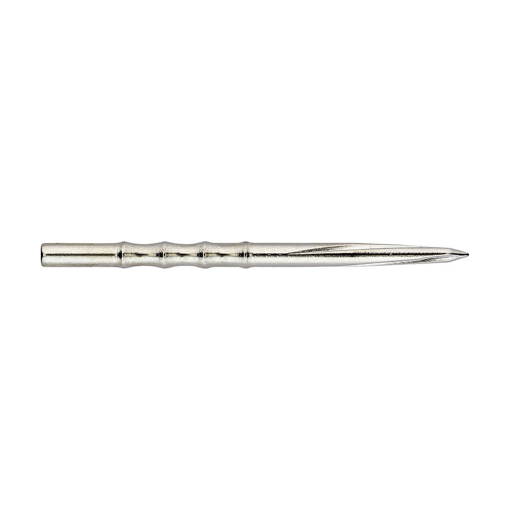 Unicorn Volute Scalloped Steeldartspitzen Das Bild zeigt eine silberne Steeldartspitze mit einem gerillten Design. Die Spitze ist schlank und hat eine profilierte, leicht gewellte Oberfläche.