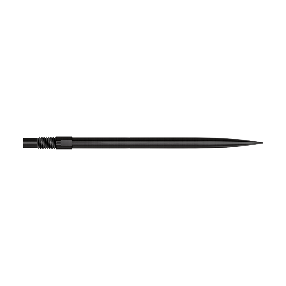 Schwarze Dartspitzen mit einer Länge von 40 mm sind zu sehen. Sie liegen sortiert auf einer hellen Fläche.