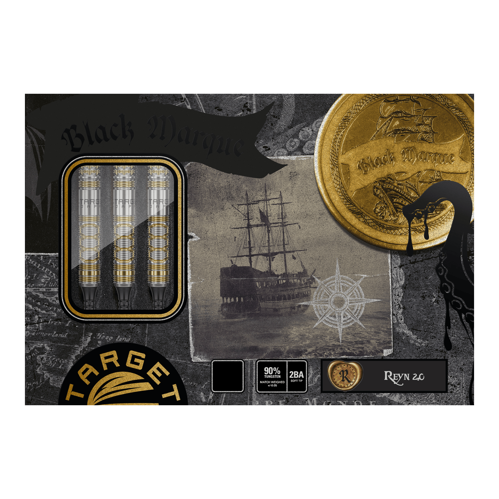 Das Bild zeigt die Verpackung der "Target Japan Black Marque Reyn GEN2 Softdarts - 17,5g". Auf der Schachtel sind drei Darts, ein Segelschiff und ein goldener Münz-Aufdruck zu sehen.