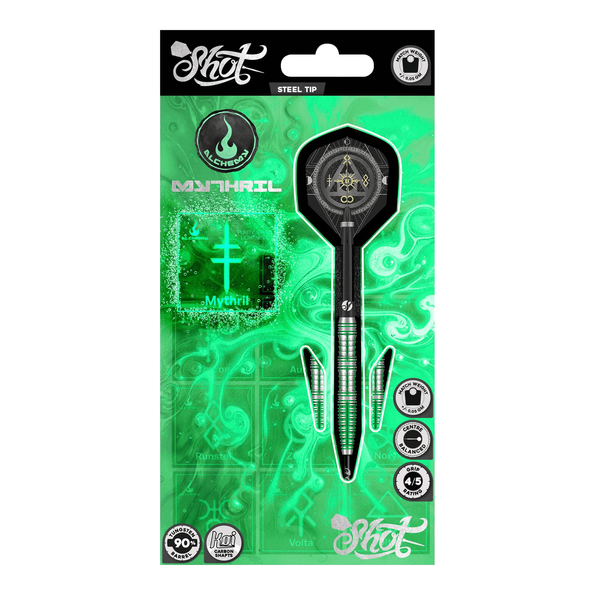 Shot Alchemy Mythril Steeldarts Dieses Bild zeigt die Shot Alchemy Mythril Steeldarts. Das Design der Steeldarts ist detailliert und modern.