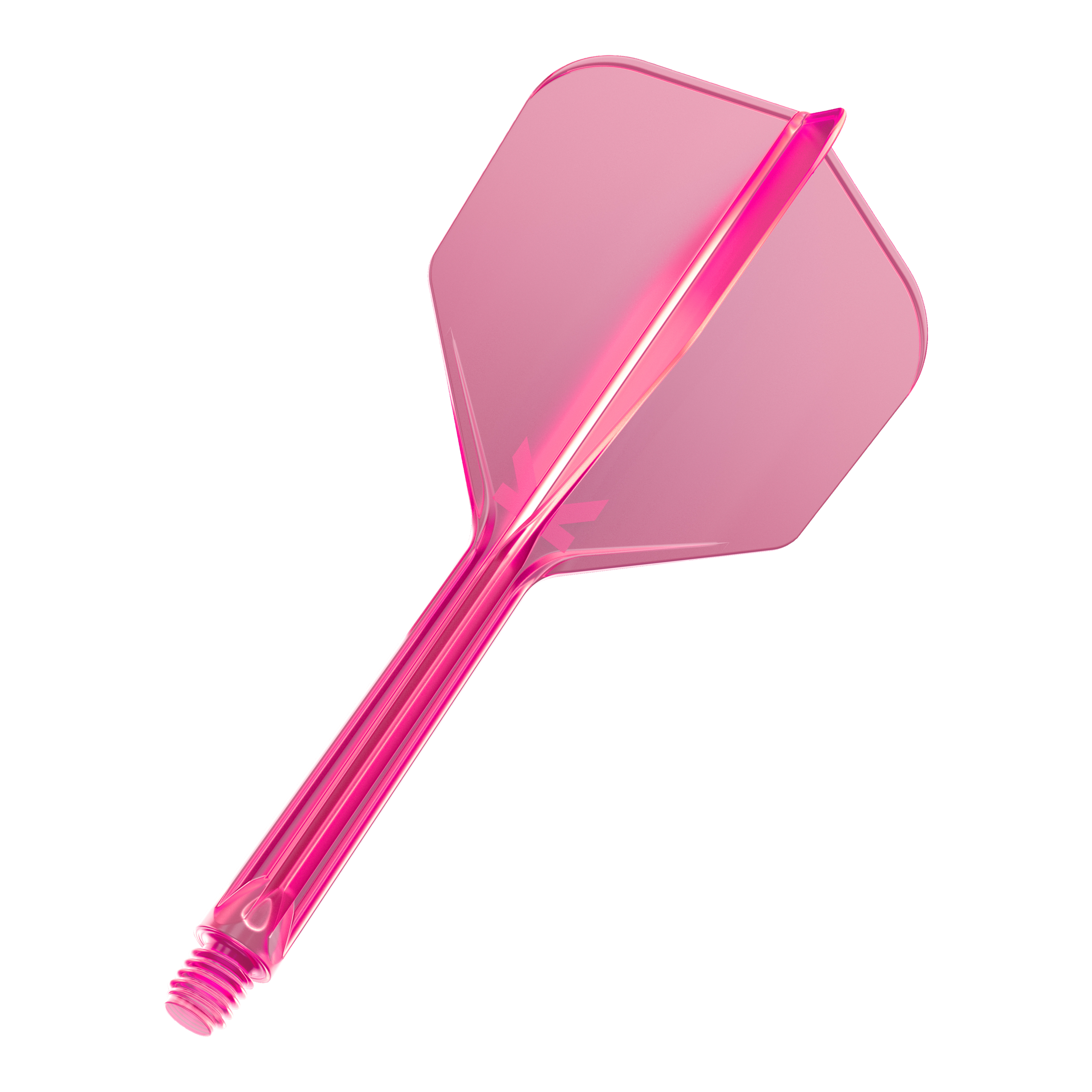 Auf dem Bild ist ein neonpinker Dart-Flügel mit Schaft zu sehen. Der Flügel ist transparent und hat eine sechseckige Form.