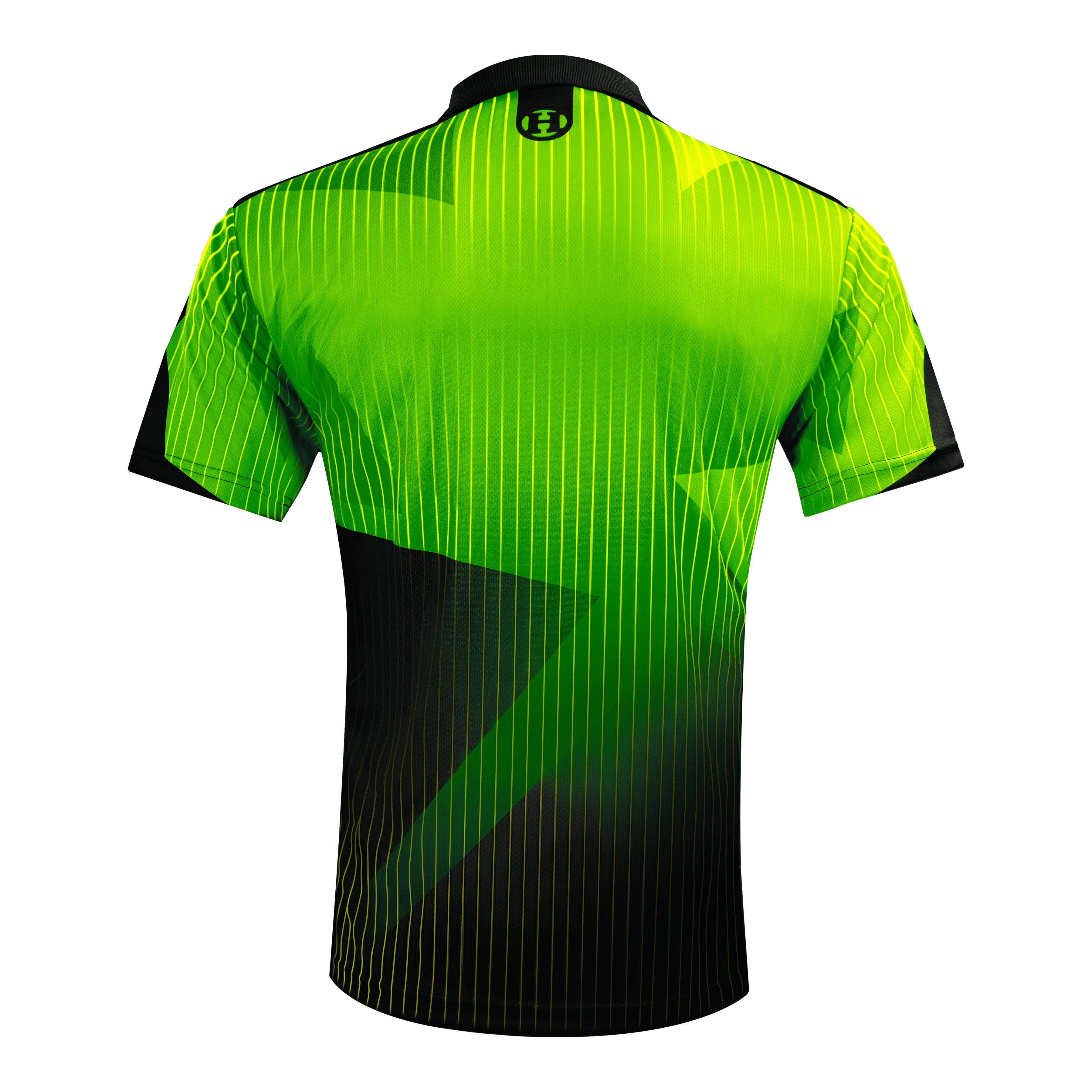 Harrows Shard Dartshirt - Grün Das Bild zeigt das Harrows Shard Dartshirt in Grün von hinten. Das Shirt hat ein modernes Design mit vertikalen Linien und schwarzen Akzenten.