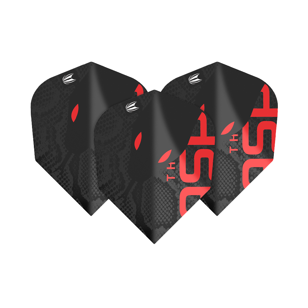 TG11_336950_Target_ProUltra_Nathan_Aspinall_80_Black_No6_Flights_186BSPH27vIDnv Das Bild zeigt drei schwarze Dart-Flights mit roten und weißen Designelementen. Es handelt sich um die "Target ProUltra Nathan Aspinall 80 Black No6 Flights".
