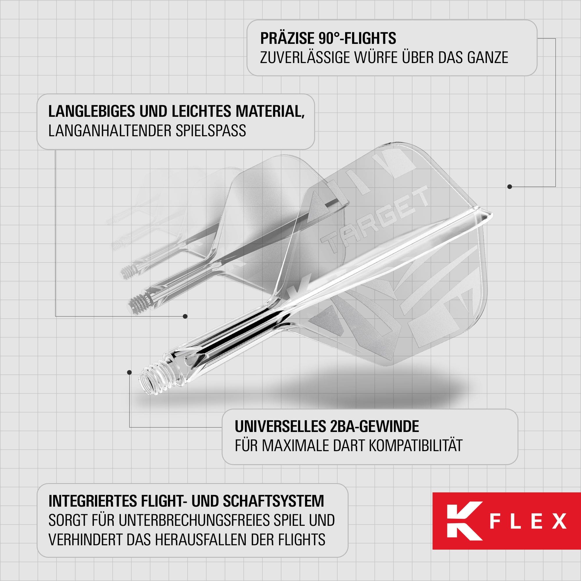 Das Bild zeigt die Target K-Flex Clear No6 Flights. Es handelt sich um transparente Dartflights in modernem Design.