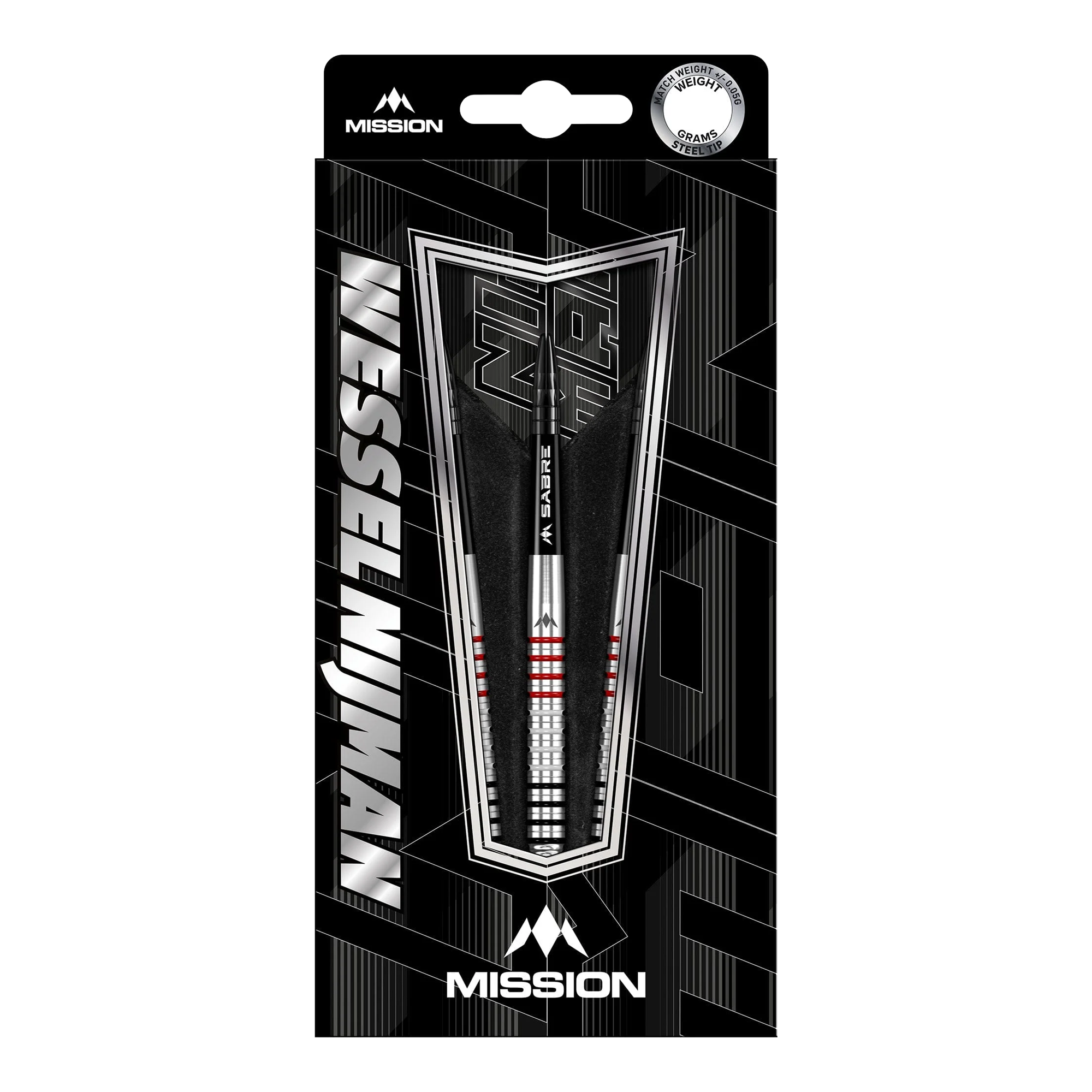 Mission Wessel Nijman Steeldarts - 23g Die Abbildung zeigt die Mission Wessel Nijman Steeldarts mit einem Gewicht von 23 Gramm in ihrer Verpackung. Die Darts sind silberfarben mit schwarzen und roten Akzenten gestaltet und tragen das Mission-Logo.