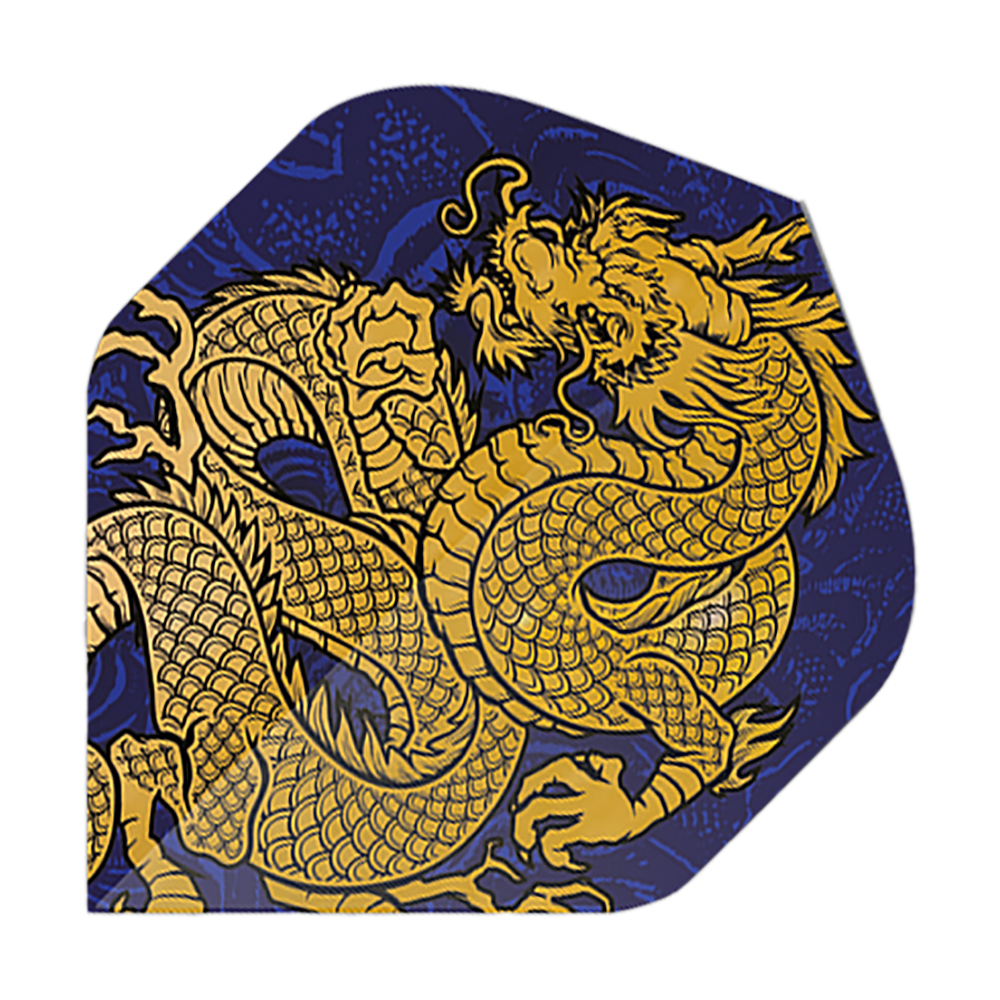 Pentathlon Flights Dragon blau Das Bild zeigt ein Dart-Flight mit einem goldenen Drachenmotiv auf dunkelblauem Hintergrund. Es handelt sich um das Produkt "Pentathlon Dragon 4 Standard Flights".