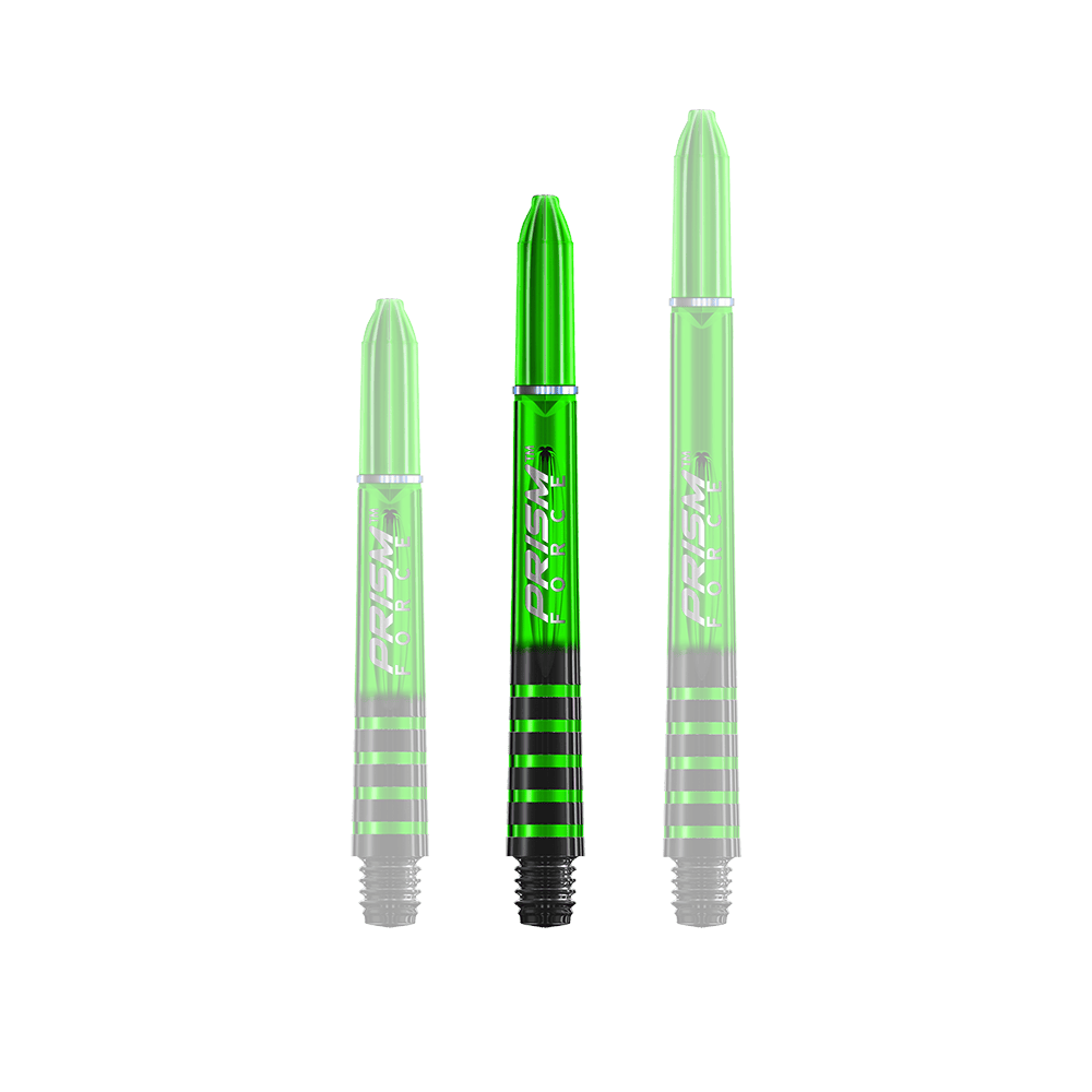 Das Bild zeigt drei grüne Winmau Prism Force Shafts in unterschiedlichen Längen. Sie haben ein glänzendes Design mit schwarzen Akzenten und Schriftzug.