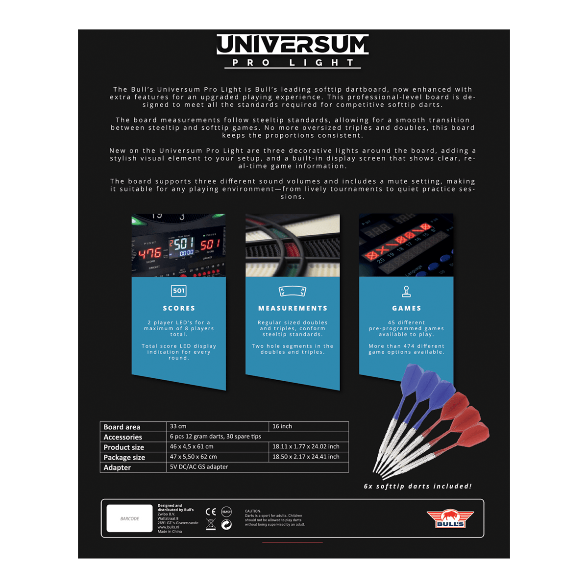 Bulls NL Universum Pro Light Elektronisches Dartboard - Blau Rot Auf dem Bild ist das Bulls NL Universum Pro Light Elektronisches Dartboard - Blau Rot zu sehen. Es eignet sich perfekt für Darts-Spiele zu Hause.