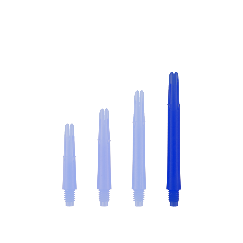 Auf dem Bild sind vier blaue gerade Dartschäfte in unterschiedlichen Längen zu sehen. Sie stehen nebeneinander aufrecht und haben ein Schraubgewinde am unteren Ende.