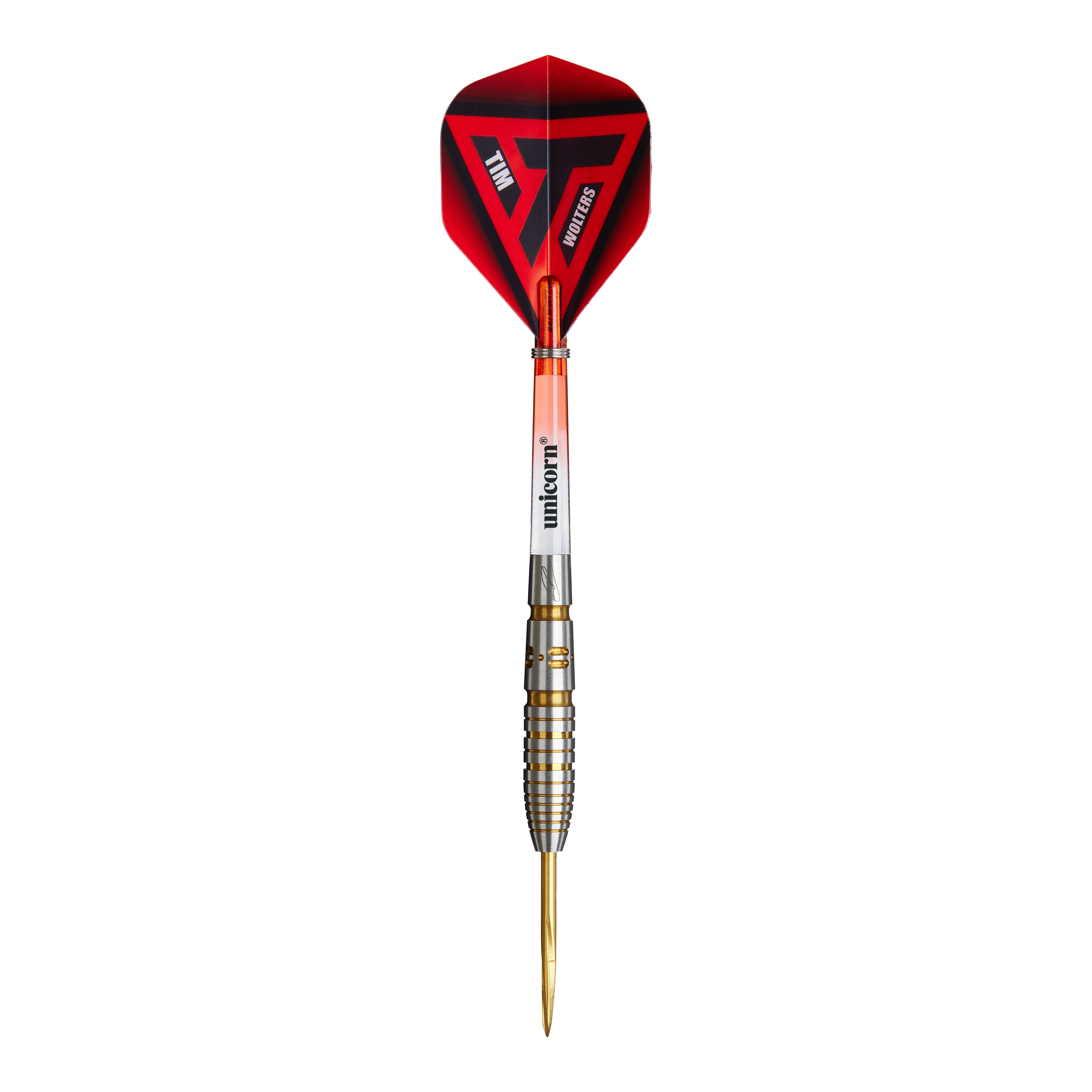 Das Bild zeigt einen Steeldart namens "Unicorn Contender Tim Wolters Steeldarts - 24g". Der Dart hat eine metallische Spitze, einen geriffelten Griff und rote Flights mit schwarzen und weißen Akzenten.
