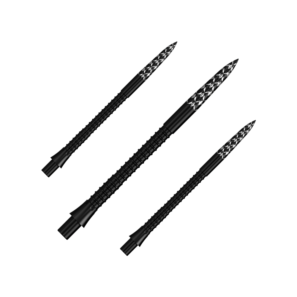 Mission Caliburn EVO Dartspitzen GV-Logo - Schwarz - X 1390 Auf dem Bild ist ein Set schwarzer Steeldartspitzen, Mission Caliburn EVO GV-Logo, 38 mm zu sehen. Sie sind ideal für den Einsatz im Dartsport.