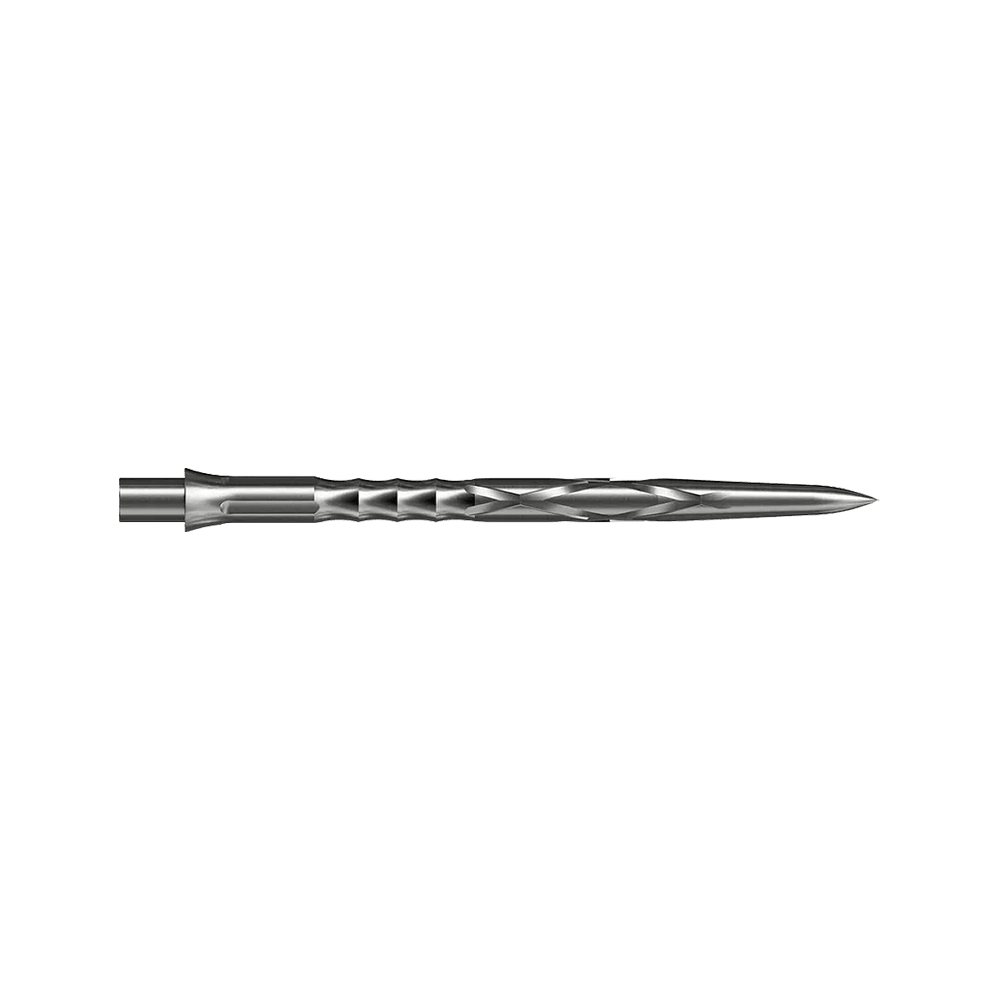 Gezeigt wird eine silberne Steeldartspitze Caliburn Evo System HAN G2 in 36 mm Länge. Die Spitze ist für Steeldarts gedacht.
