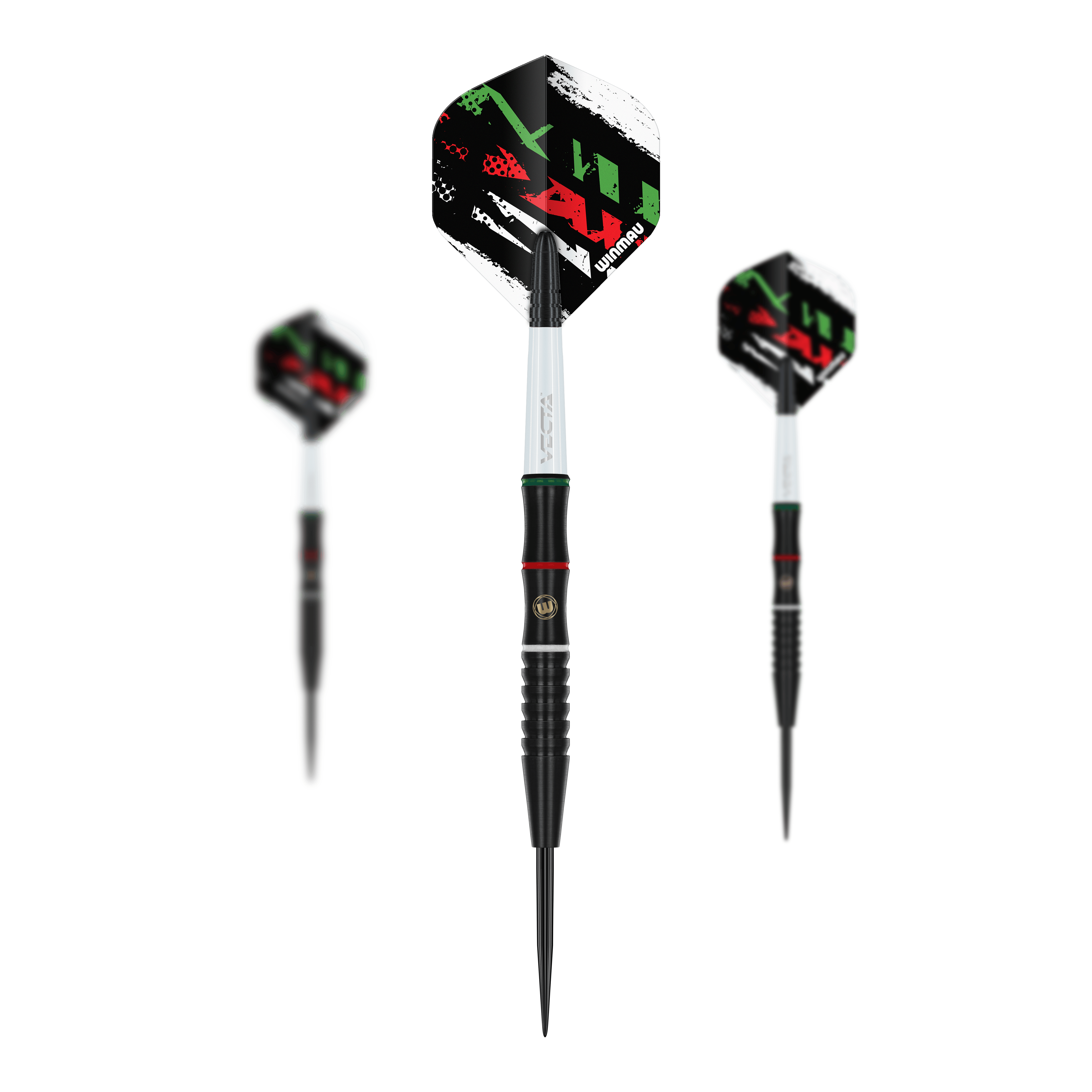 Das Bild zeigt drei Winmau Peter Wachuri Steeldarts mit einem Gewicht von 22g. Die Darts haben schwarze und silberne Schäfte sowie farbige Flights in Schwarz, Rot und Grün.