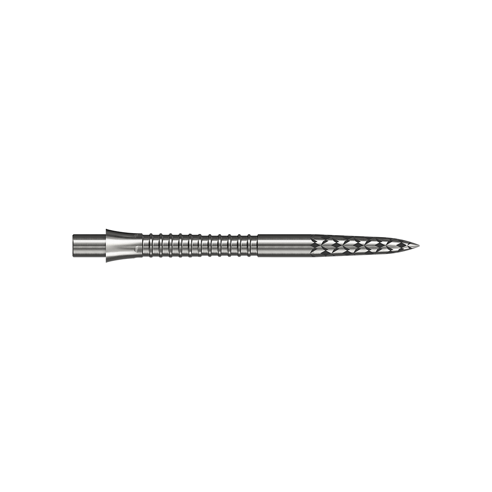 Eine silberfarbene Steeldartspitze mit einer Länge von 32 mm ist auf dem Bild zu sehen. Das Bild trägt den Dateinamen M002128_Missoin_Caliburn_EVO_GV-Logo_Steeldartspitzen_Silber_32mm_2.