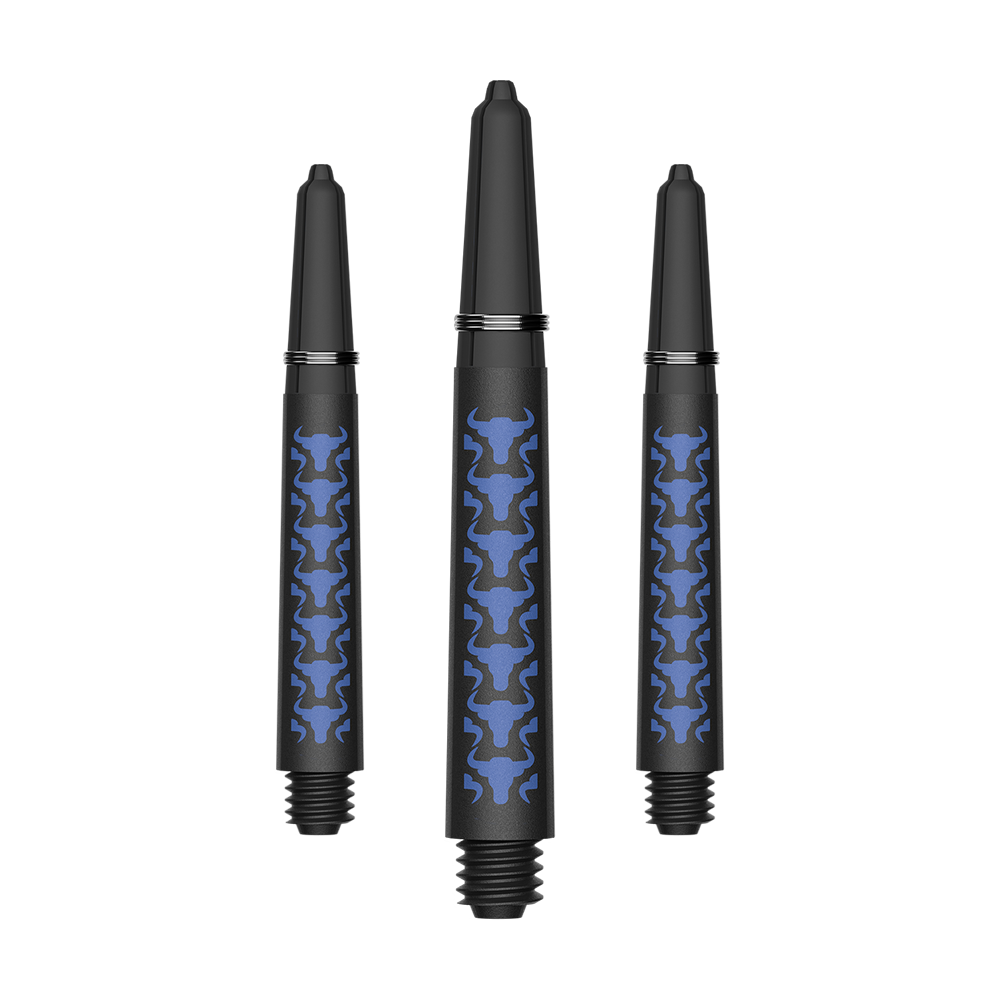 Das Bild zeigt einen Satz von BullsNL Capo Carbon Shafts in Blau, InBetween, 38mm. Es handelt sich um Dartschäfte aus Carbon in der Farbe Blau.
