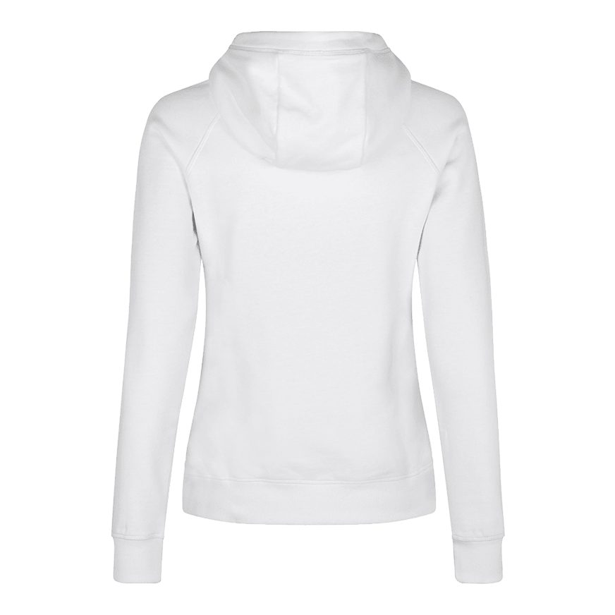Barrels and Shafts Damen Hoodie - Weiß Dies ist ein weißer Damen-Hoodie, der von hinten zu sehen ist. Das schlichte Design zeigt lange Ärmel und eine Kapuze.