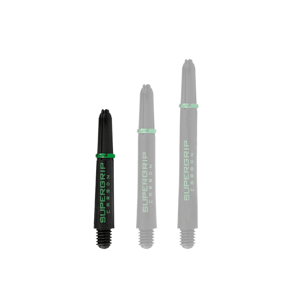 HR360_Harrows_Supergrip_Carbon_Shafts_Gr-n_33mm_1 Das Bild zeigt drei schwarze Harrows Supergrip Carbon Shafts mit grünen Akzenten in verschiedenen Längen. Auf den Schäften steht in grüner Schrift "SUPERGRIP CARBON".