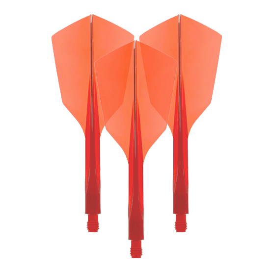 Das Bild zeigt drei rote Dartflights aus Kunststoff mit schmaler Form. Es handelt sich um das Produkt "Condor Axe 120 Flight-System Clear Red - Narrow".