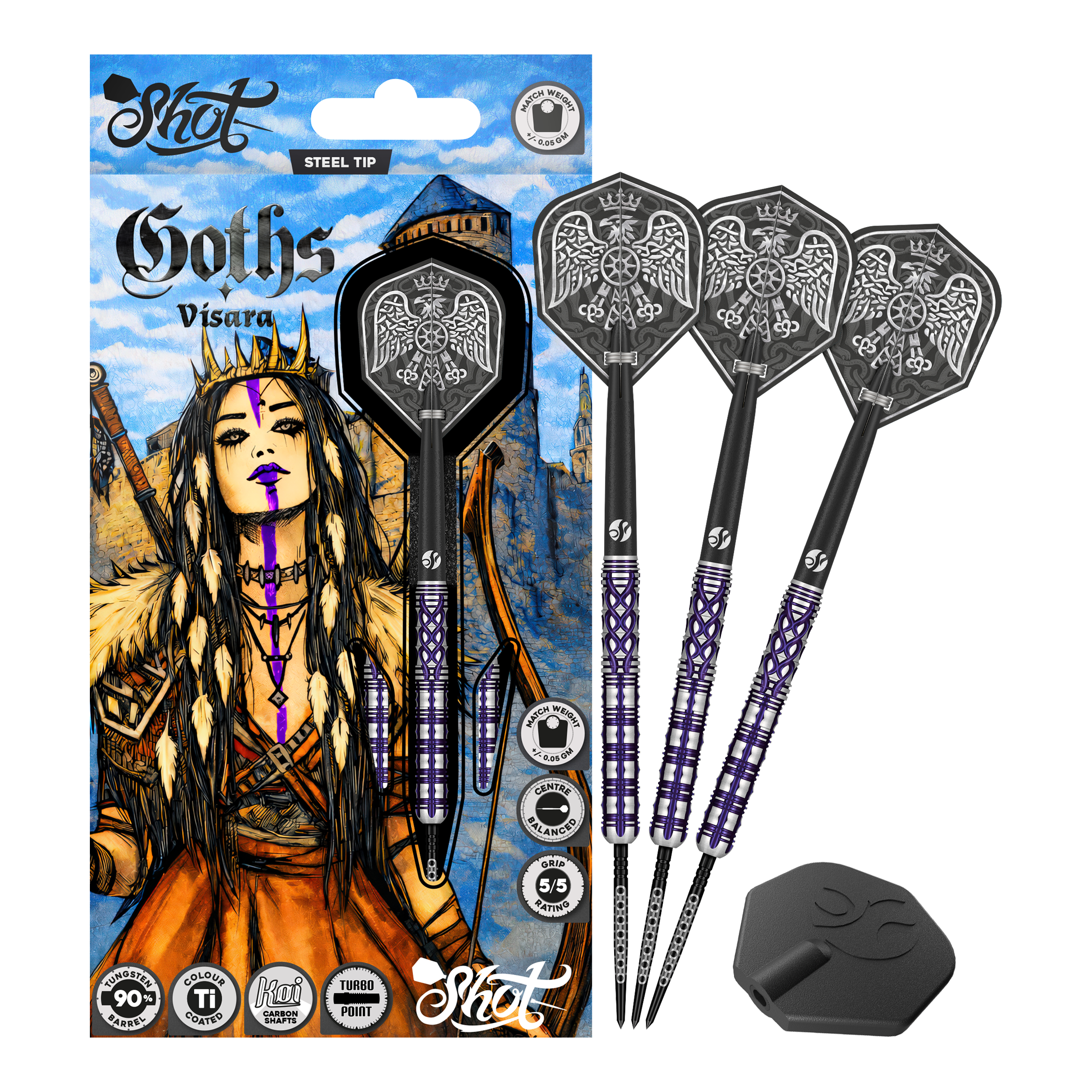 Shot Goths Visara Turbo Point Steeldarts - 23g Das Produkt zeigt die Shot Goths Visara Turbo Point Steeldarts - 23g in voller Ansicht. Diese Steeldarts stehen für Qualität und Zuverlässigkeit beim Dartspiel.