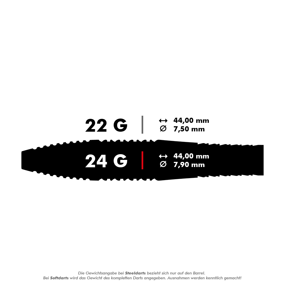 190063_Target_Bolide_05_Swiss_Point_Steeldarts_5_24g Das Bild zeigt die Produktinformationen zu den Target Bolide 05 Swiss Point Steeldarts. Die Darts wiegen 24 Gramm, sind 44,00 mm lang und haben einen Durchmesser von 7,90 mm.