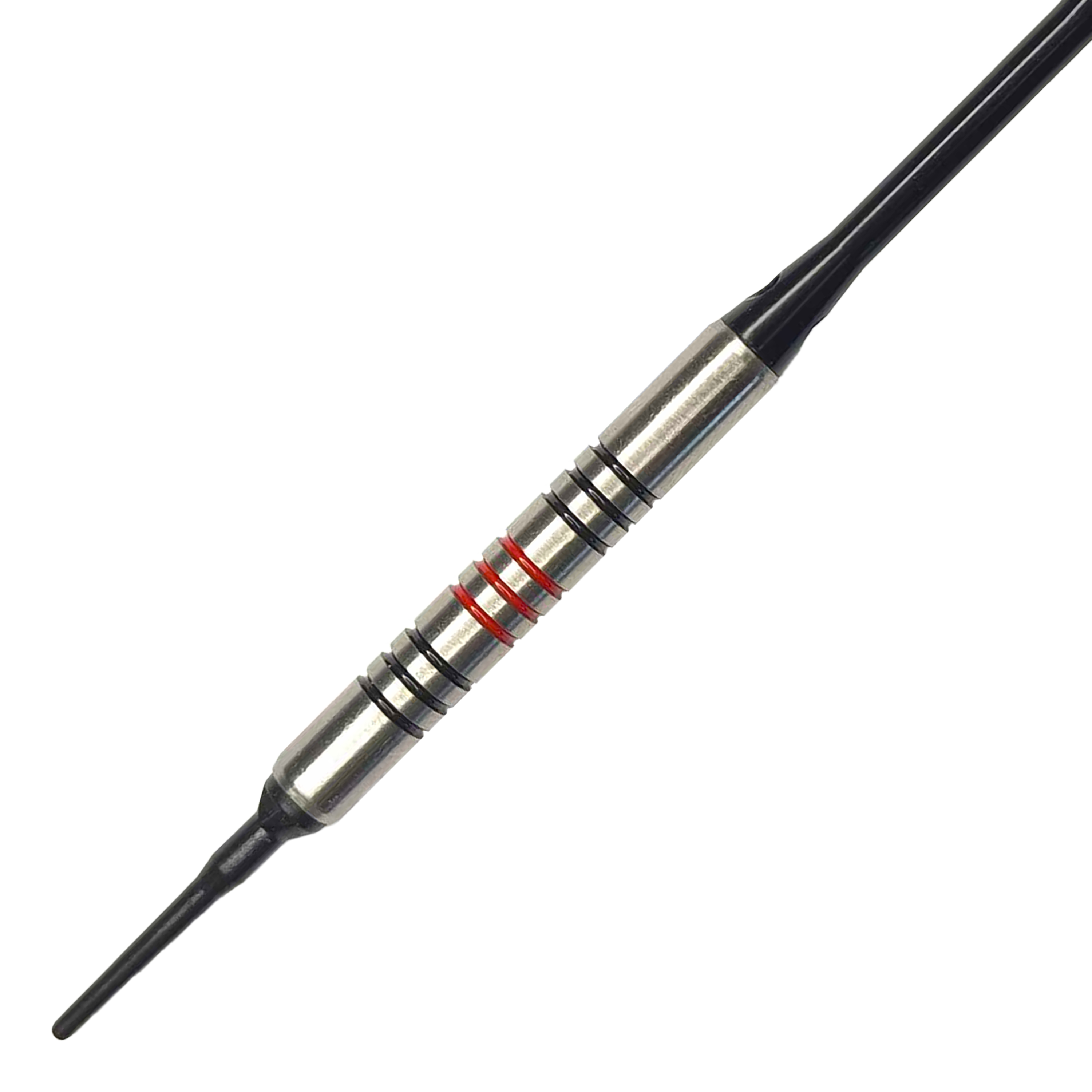 McDart 85er Tungsten V11 Softdarts - 17,5g Dies ist ein McDart 85er Tungsten V11 Softdart mit einem Gewicht von 17,5g. Der Dart hat einen silbernen Körper mit schwarzen und roten Ringen.