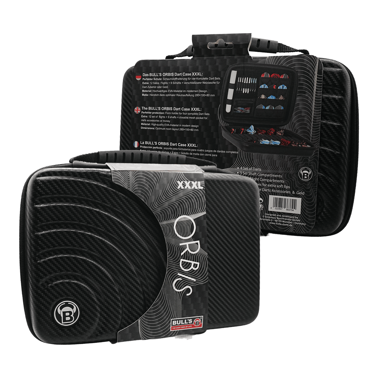 Bulls Orbis XXL Dartcase - Carbongrey Das Bild zeigt das Produkt "Bulls Orbis XXL Dartcase - Carbongrey" in schwarzer Carbon-Optik. Das Dartcase ist groß und bietet Platz für mehrere Dart-Sets und Zubehör.