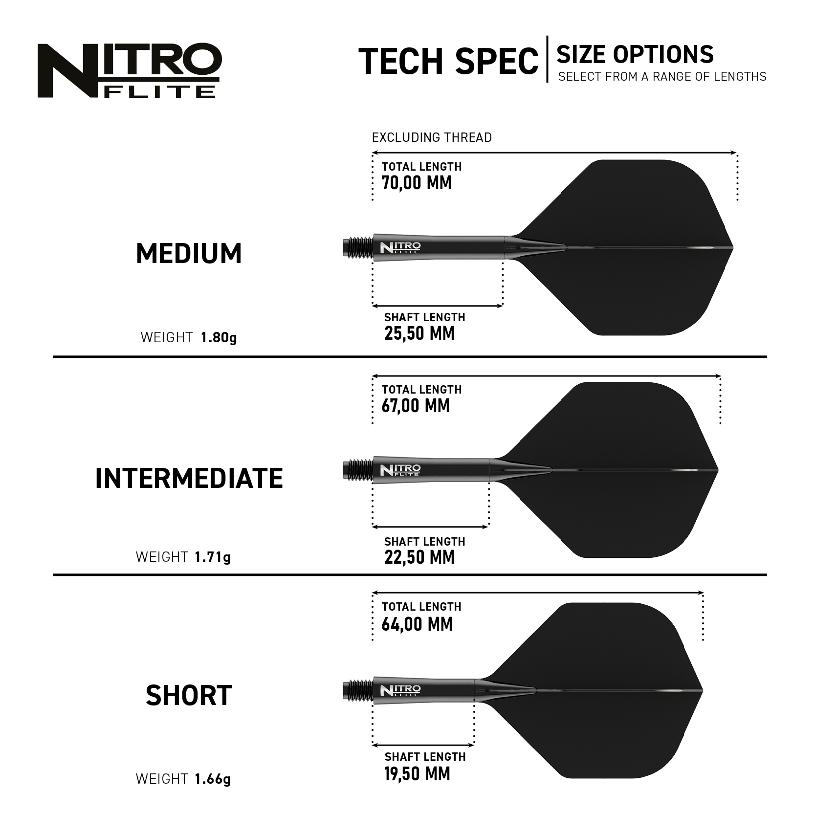 Red Dragon Nitroflite - Black Shaft Black No2 Flights Das Bild zeigt die verschiedenen Größenoptionen des Produkts "Red Dragon Nitroflite - Black Shaft Black No2 Flights" mit technischen Spezifikationen. Es werden die Längen und Gewichte der Ausführungen Medium, Intermediate und Short dargestellt.