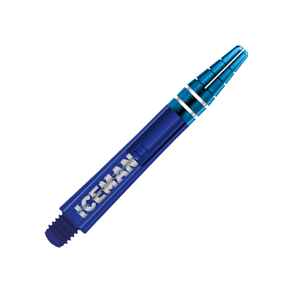 C810_Red_Dragon_Nitrotech_Gerwyn_Price_Blue_Shafts_36mm_2 Auf dem Bild ist ein blauer Dart-Schaft zu sehen. Auf dem Schaft steht das Wort "ICEMAN" in weißen Buchstaben.