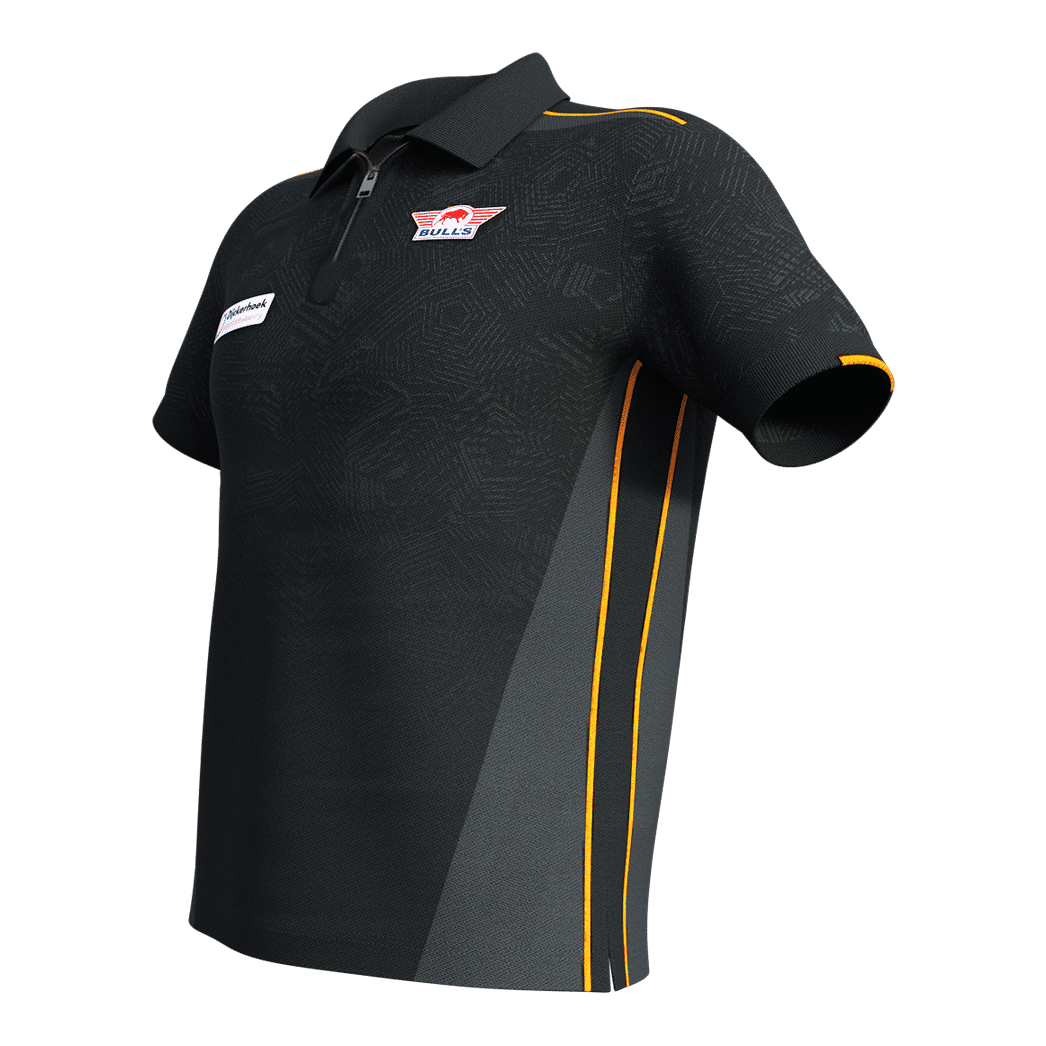 Bulls NL Dirk Van Duijvenbode Matchshirt 2025 Dieses Bild zeigt das Bulls NL Dirk Van Duijvenbode Matchshirt 2025. Das Shirt ist überwiegend schwarz mit gelben Akzenten und besitzt einen kurzen Reißverschluss am Kragen.