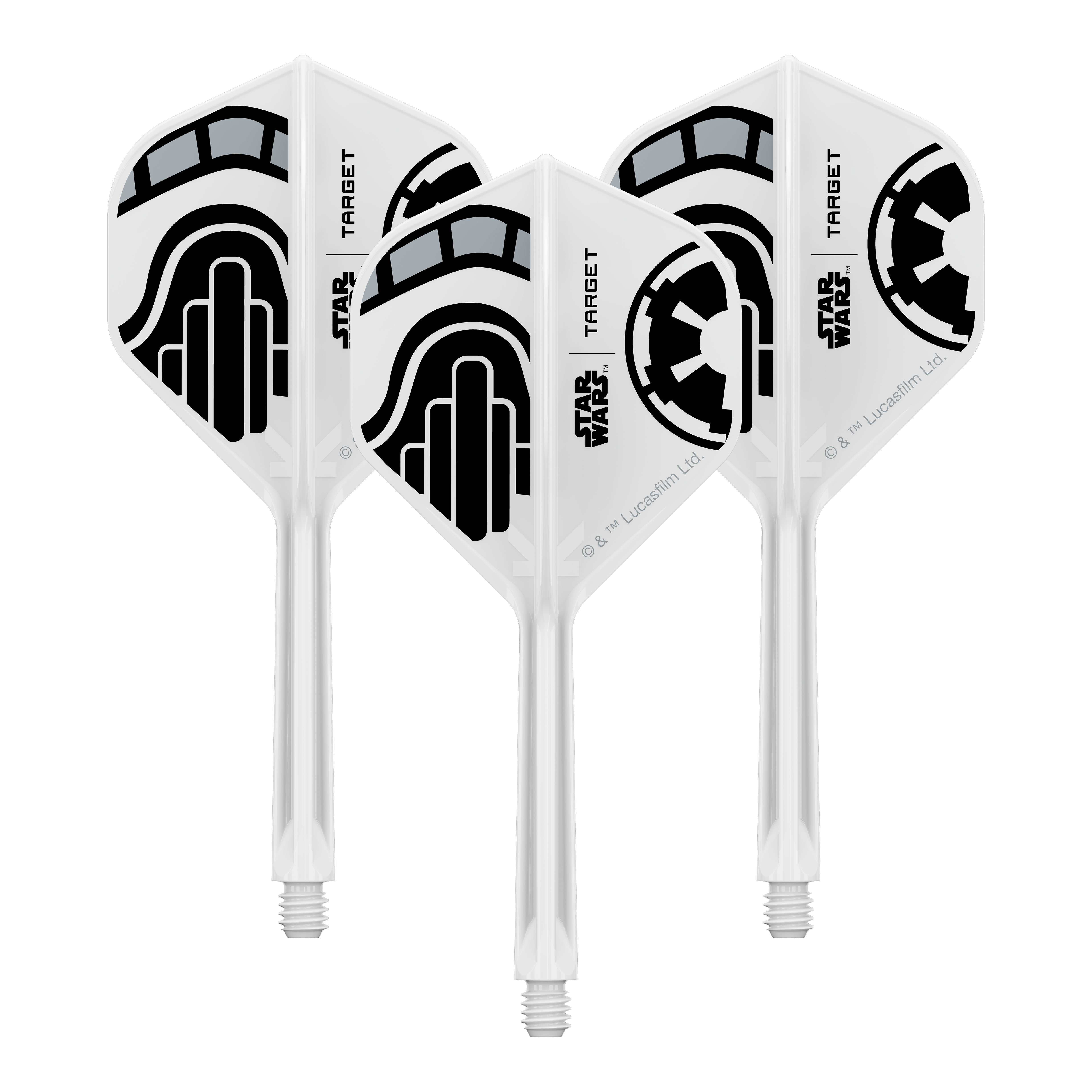 Target Star Wars K-Flex Stormtrooper No2 Standard Flights Das Bild zeigt ein Set von Dart-Flights der Star Wars KFlex Stormtrooper No2 Standard Serie. Diese Version ist medium und hat eine Länge von 33 mm.