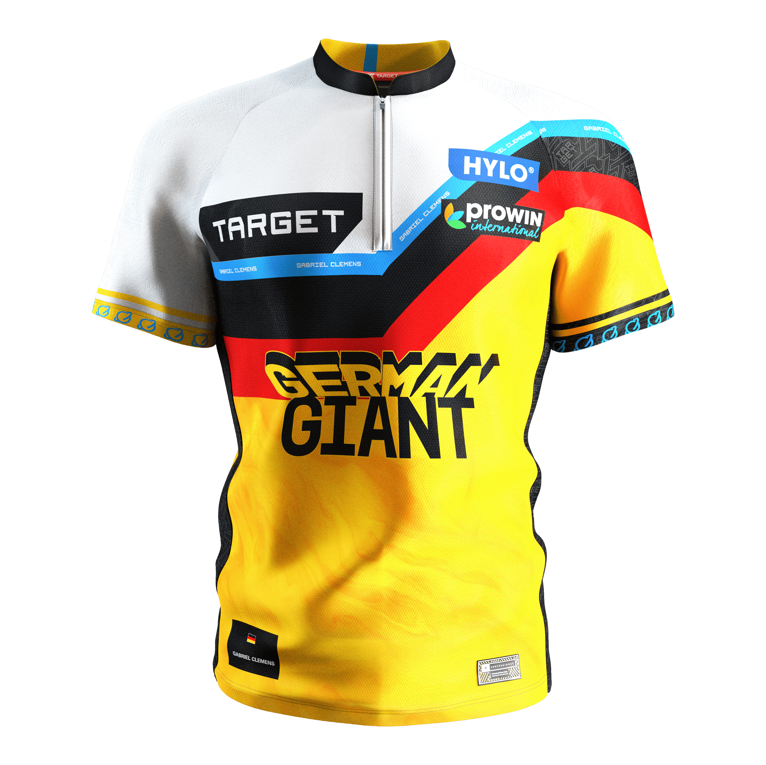 Target Coolplay Gabriel Clemens 2025 Dartshirt Das Bild zeigt das Target Coolplay Gabriel Clemens 2025 Dartshirt. Das Trikot ist gelb, schwarz, rot und weiß und trägt die Aufschrift "GERMAN GIANT" auf der Vorderseite.