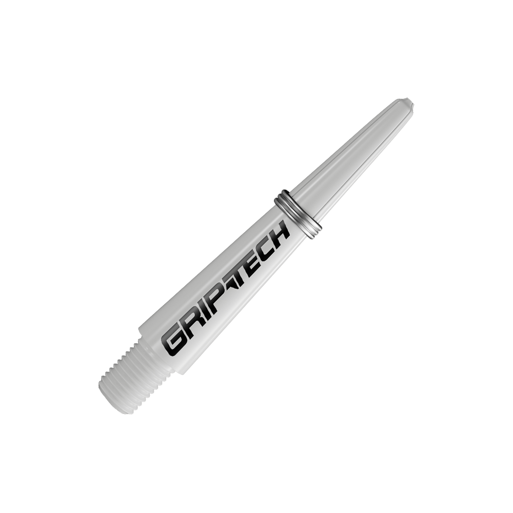 GOAT Griptech Shafts - Weiß Das Bild zeigt einen weißen Dart-Schaft mit der Aufschrift "GRIPTECH". Der Schaft hat ein Gewinde an einem Ende und einen silbernen Ring in der Mitte.