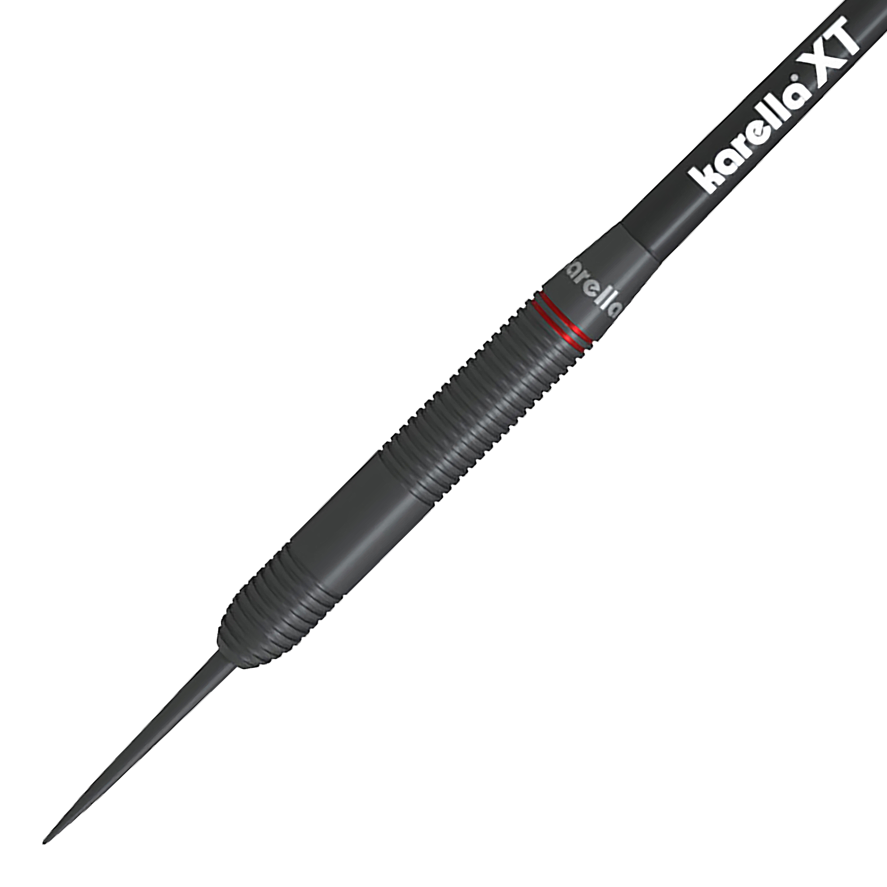 Karella Daniel Klose Steeldarts Das Bild zeigt einen Karella Daniel Klose Steeldartpfeil. Der Dart ist schwarz mit einem geriffelten Griffbereich und einem roten Ring.