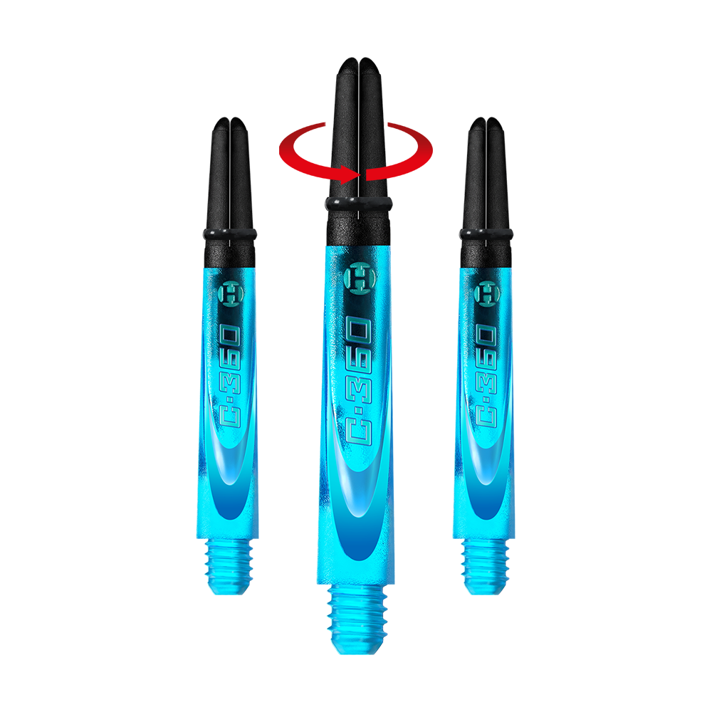 HR444_Harrows_Carbon_360_Shafts_Aqua_42mm_1-_Symbol Auf dem Bild sind drei blaue Dartschäfte mit schwarzem oberen Teil zu sehen. Über dem mittleren Schaft zeigen zwei rote Pfeile eine Drehbewegung an.