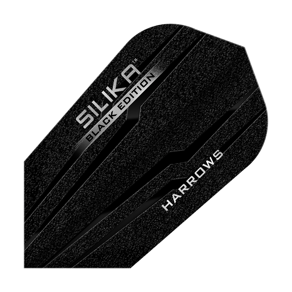 Harrows Silika Black-Edition Slim Flights Das Bild zeigt das Produkt "Harrows Silika Black-Edition Slim Flights". Die Dart-Flights sind schwarz mit silbernen Schriftzügen und einem modernen Design.