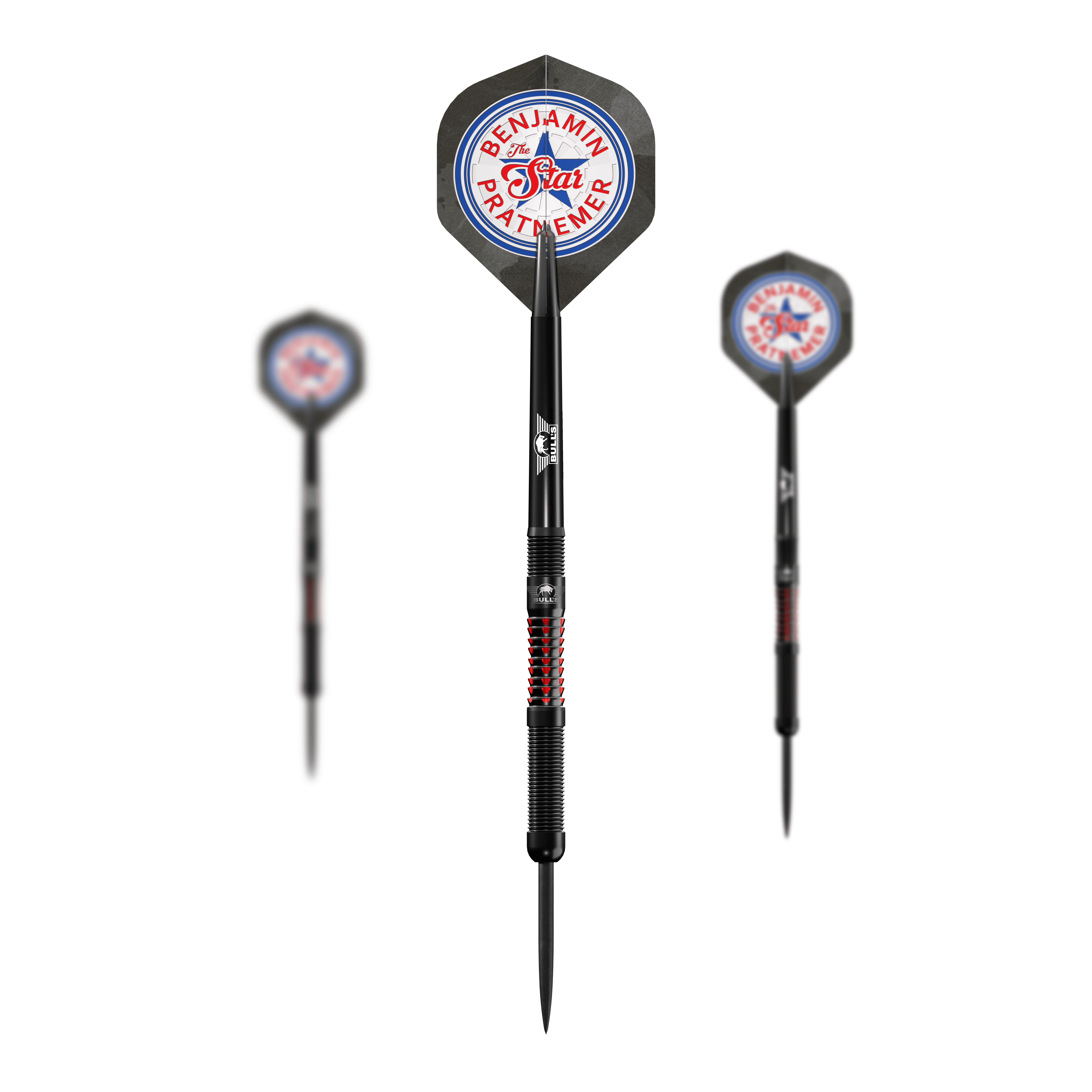 Bulls NL Benjamin Pratnemer Steeldarts - 20g Das Bild zeigt drei Steeldarts mit der Aufschrift "Benjamin Pratnemer The Star" auf den Flights. Die Darts sind schwarz mit roten Akzenten und wiegen 20 Gramm.