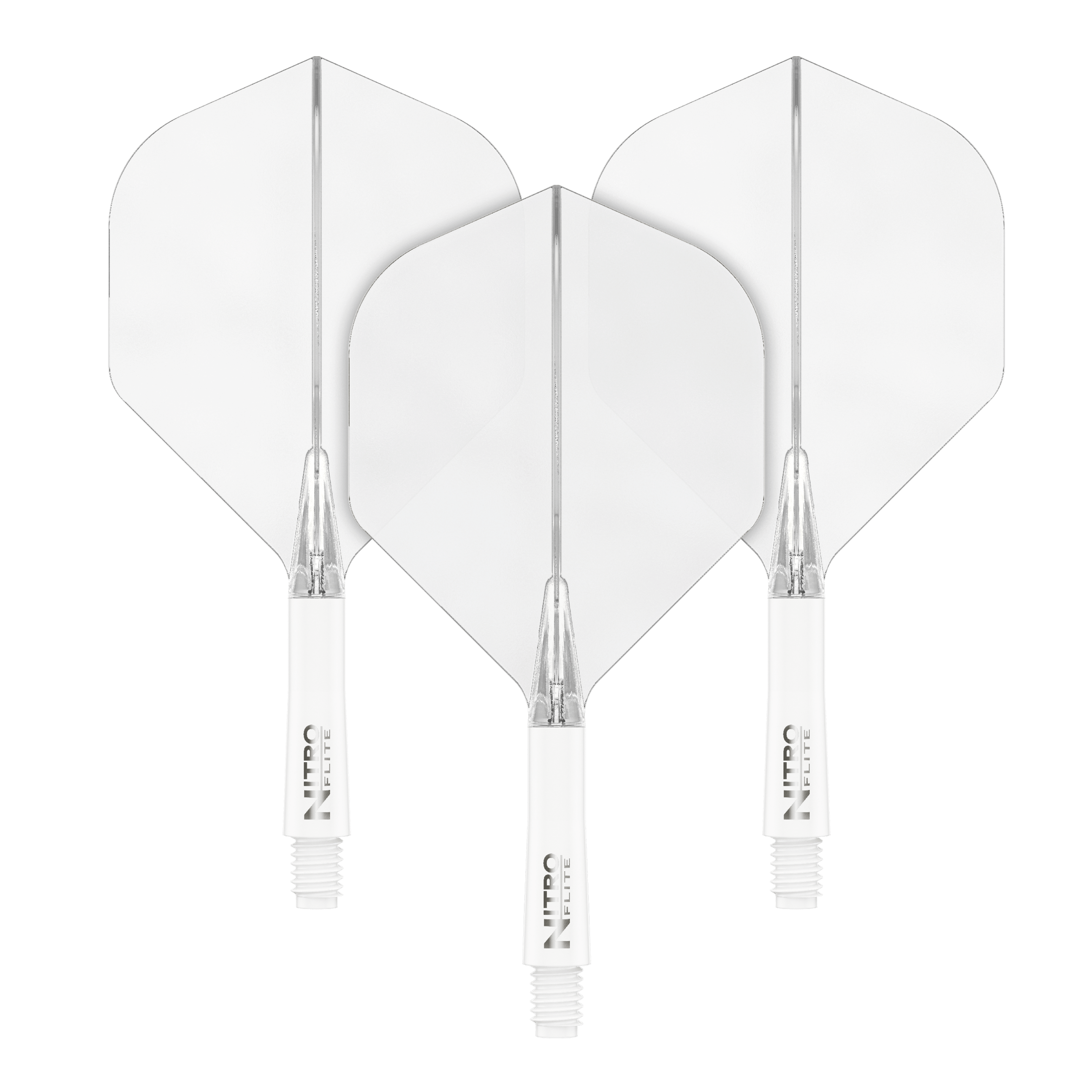 Red Dragon Nitroflite - White Shaft Clear No2 Flights Das Bild zeigt drei weiße Dartflights mit weißen Schäften. Sie sind nebeneinander auf schwarzem Hintergrund angeordnet.