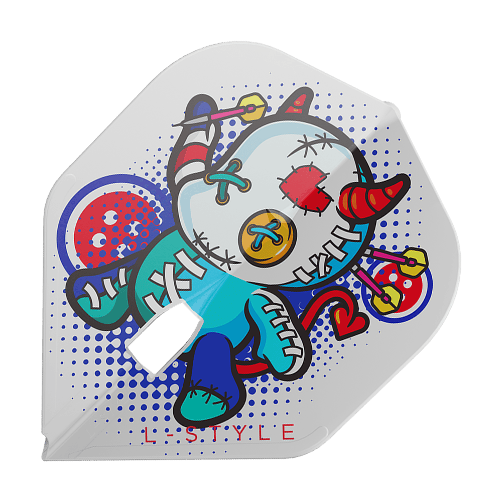 L-Style Carole Frison V1 White L1PRO Flights Das Bild zeigt ein weißes Dart-Flight mit einem bunten, comicartigen Voodoo-Puppen-Design. Am unteren Rand steht der Schriftzug „L-STYLE“.