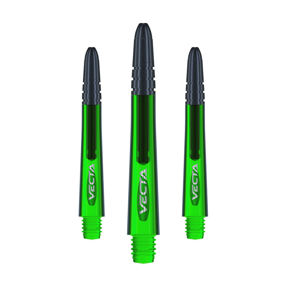 Das Bild zeigt drei grüne Winmau Vecta Shafts für Darts. Sie haben einen schwarzen oberen Teil und das Wort "Vecta" steht auf jedem Shaft.
