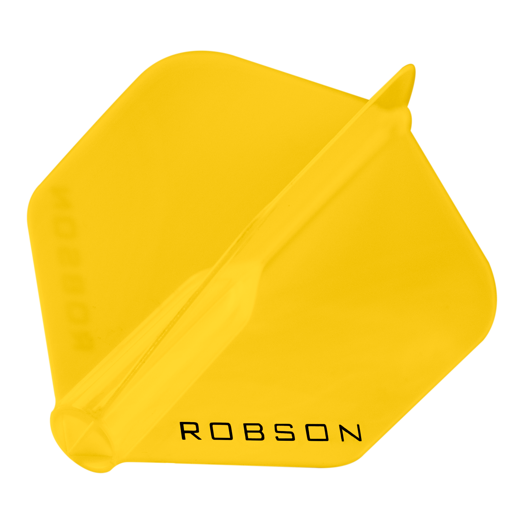 Das Bild zeigt einen gelben Dartflight der Marke Robson. Auf dem Flight steht das Wort "ROBSON" in schwarzer Schrift.