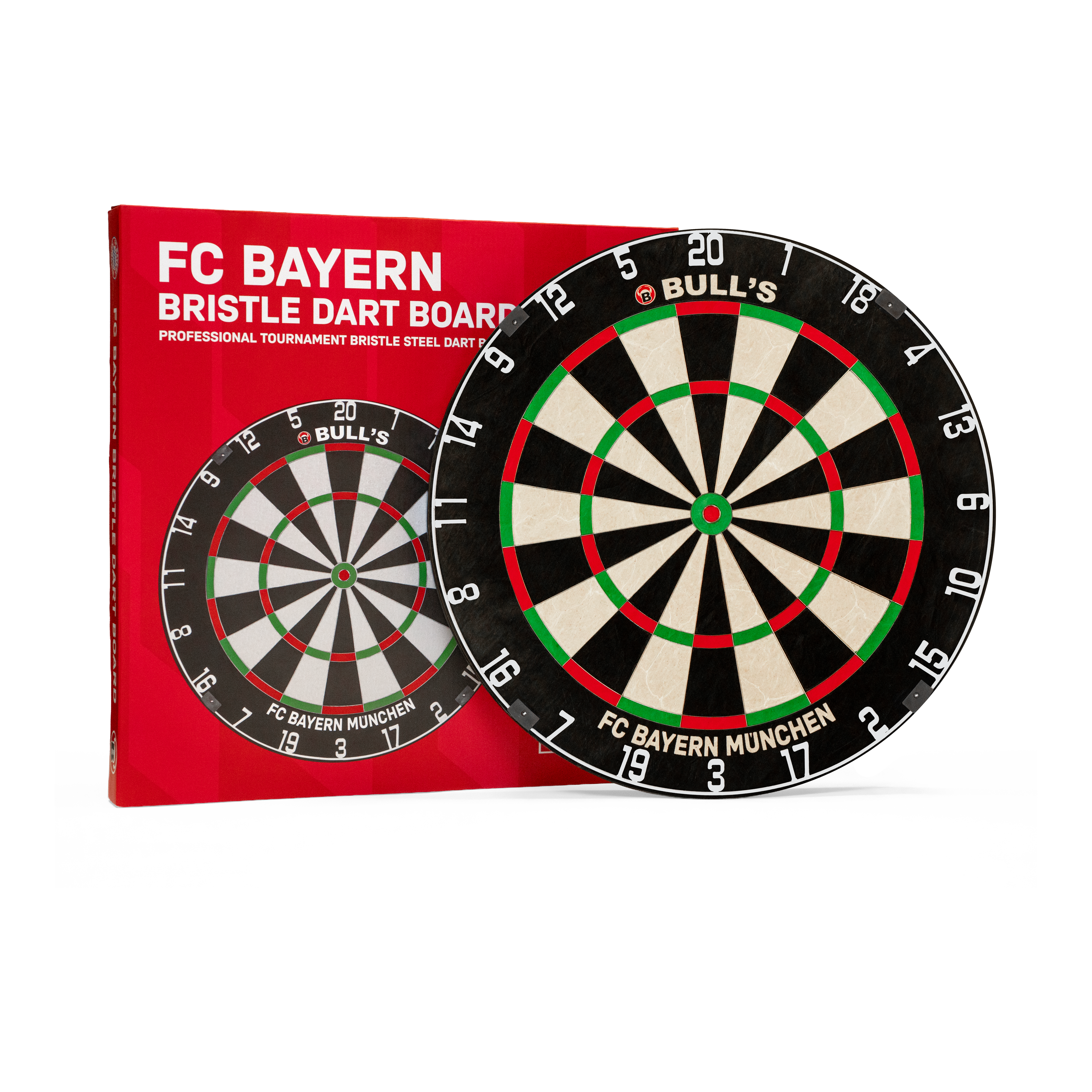 Bulls FC Bayern München Bristle Steeldartboard Das Bild präsentiert das Bulls FC Bayern München Bristle Steeldartboard. Es handelt sich um ein Steeldartboard mit FC Bayern München Logo.