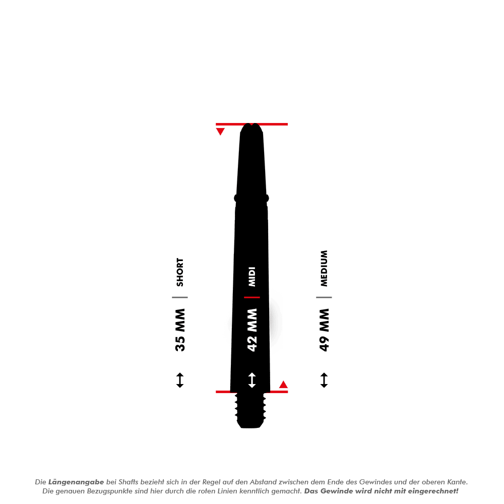 _Harrows_Carbon_360_Shafts_5_42mmBd4fkHYc96FKf Das Bild zeigt eine schwarze Dart-Schafte mit Längenangaben in Millimetern. Die mittlere Länge „MIDI“ beträgt 42 mm und ist zwischen „SHORT“ (35 mm) und „MEDIUM“ (49 mm) eingeordnet.