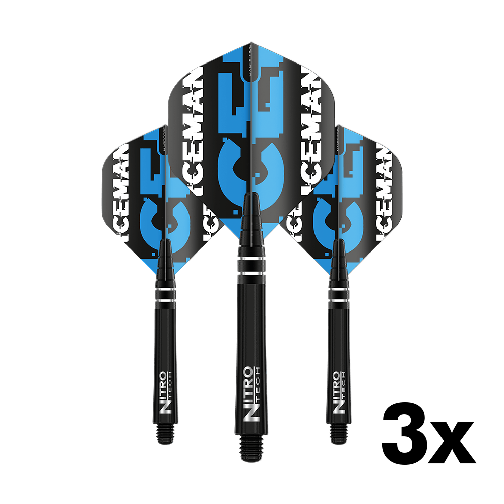 X0514_RedDragon_Gerwyn_Price_Flight_Shaft_Combo_V2_1 Das Bild zeigt das 'Red Dragon Gerwyn Price Flight Shaft Combo Pack V2' mit drei schwarzen Dartschäften und passenden Flights. Auf den Flights steht in blau-weißer Schrift "ICEMAN".