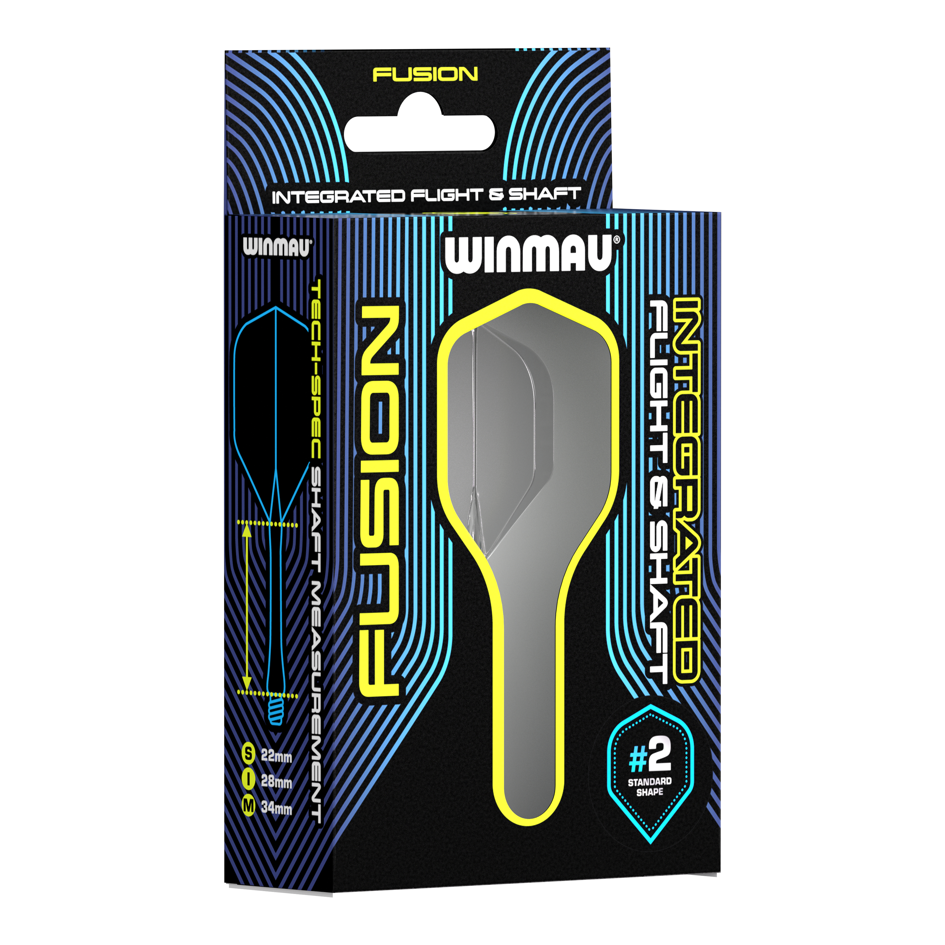 Auf dem Bild ist eine Verpackung des Winmau Fusion Integrated Flight & Shaft Systems zu sehen. Die Verpackung enthält einen #2 Standard Shape Dartaufsatz in der Farbe „Smokey“ mit einer Länge von 34 mm.