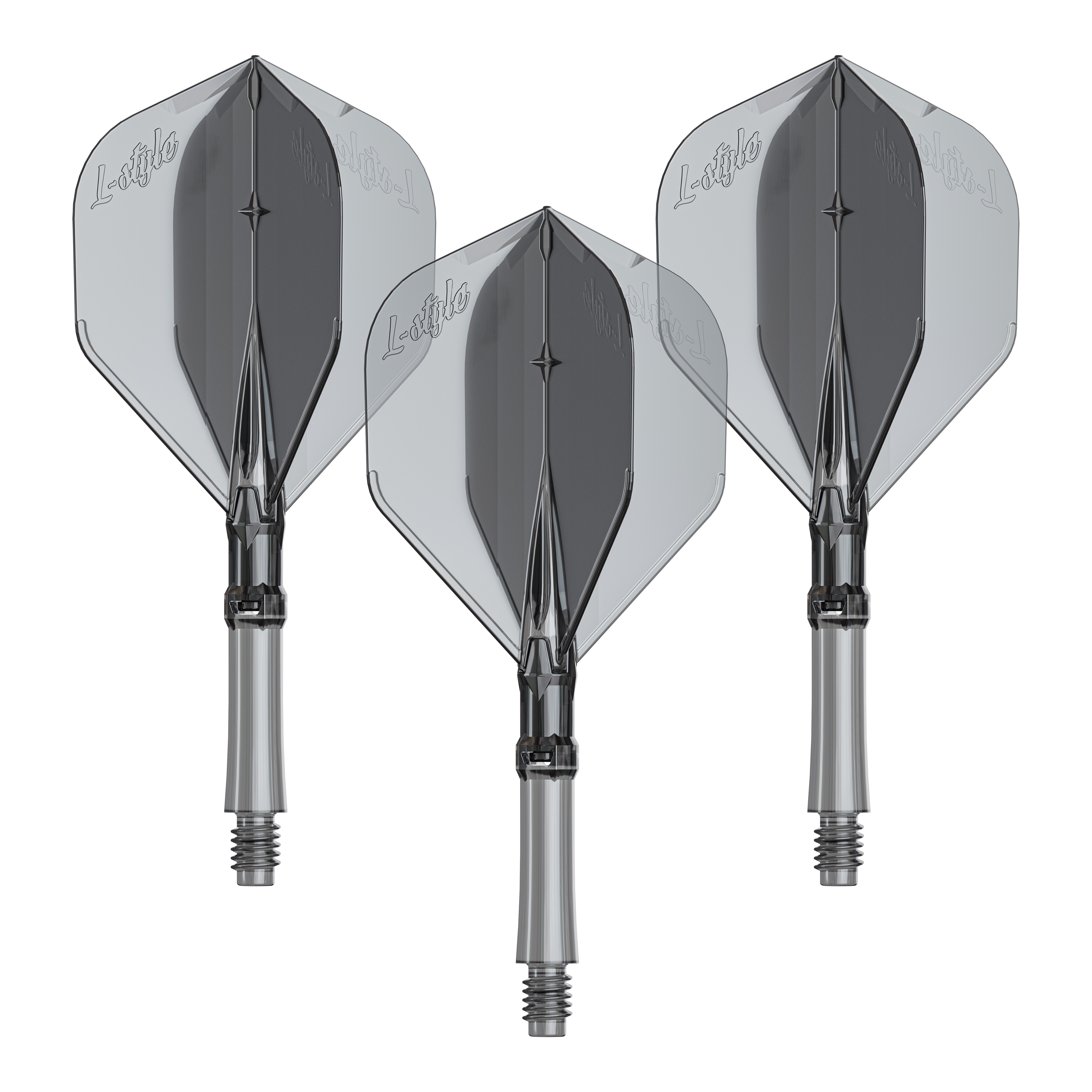 Auf diesem Bild ist wahrscheinlich das Produkt LS1063_LStyle_L-System_Flights_ClearBlack_Medium_260_1Set abgebildet. Es handelt sich um ein Zubehör für Darts.