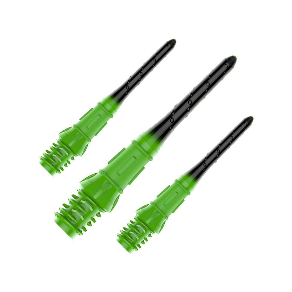 L-Style Premium Lippoint Gradiation Dartspitzen (30er Pack) Das Bild zeigt drei schwarze und grüne Dartspitzen. Sie sind aus Kunststoff und haben ein Gewinde am unteren Ende.