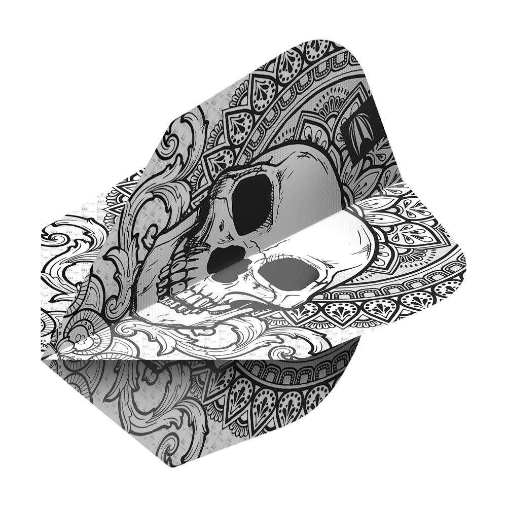 TG488_335480_Target_ProUltra_Ink_Grey_No6_Flights_2 Das Bild zeigt das Produkt "Target ProUltra Ink Grey No6 Flights". Auf dem Flight ist ein detailliertes Totenkopfdesign mit verschiedenen Mustern abgebildet.